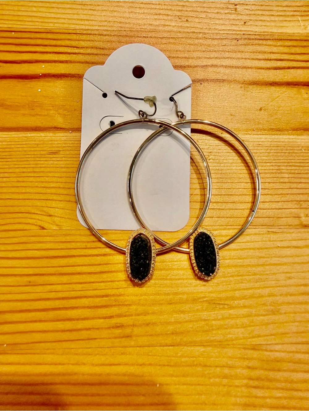 Gold-Tone Hoop Earrings with Black Druzy Oval Accent